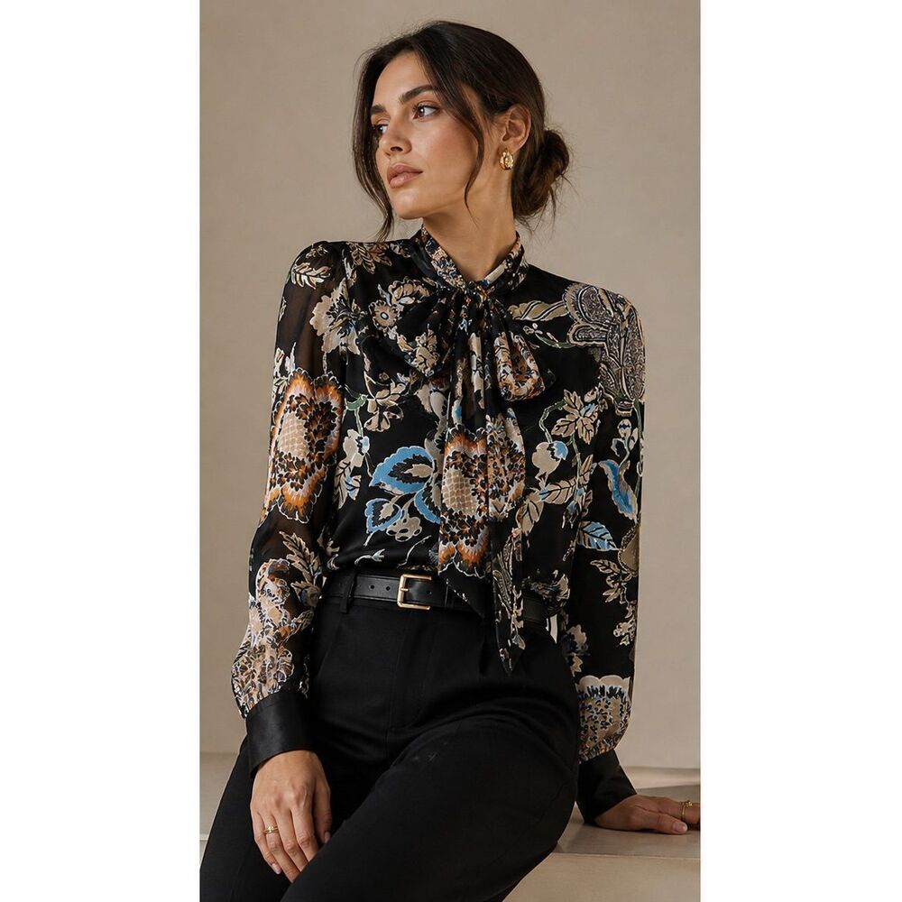 NWOT Tory Burch Silk Blend Floral Tie Neck Blouse Sheer  Long Sleeve Top, $324 S